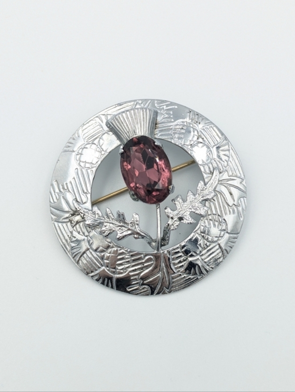 Vintage signed Mizpah thistle Scottish silver tone purple brooch pin